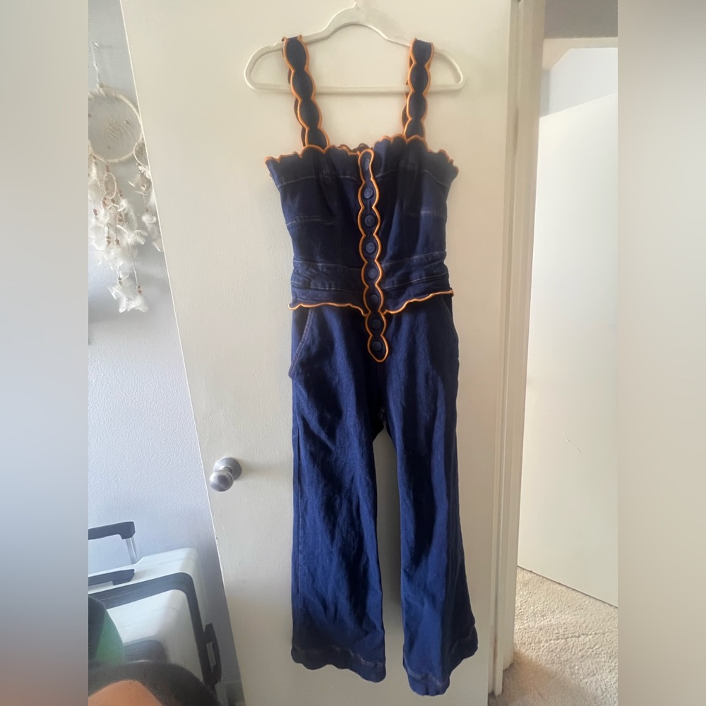 Farm Rio Sleeveless Scallop Denim Jumpsuit | Size M
